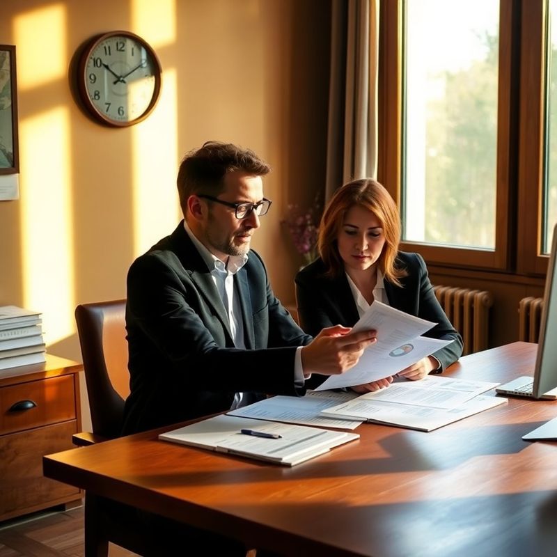 Consilier financiar revizuind documente împreună cu un client la un birou de lemn
